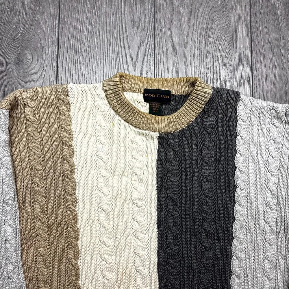 Vintage Izod Club Lacoste Cable Knit Sweater Medium 1990s Brown Grey Golf - Picture 2 of 8